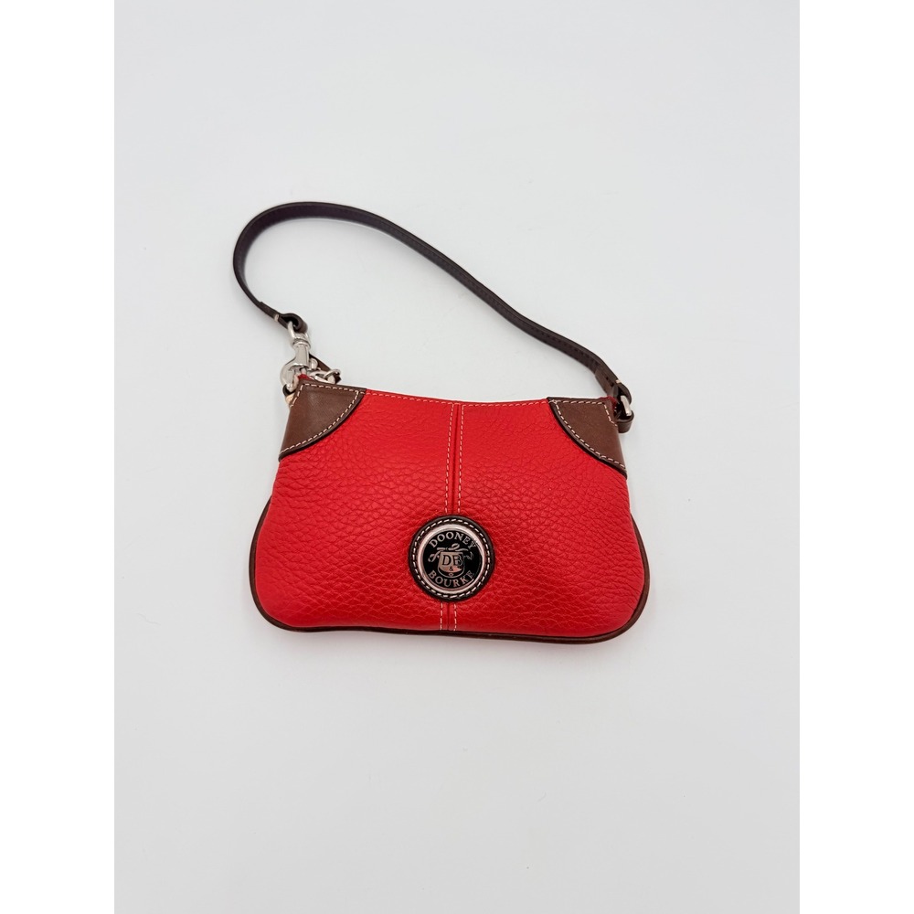Dooney & Bourke Red Pebbled Leather Wristlet Pouch Brown Trim Logo Medallion